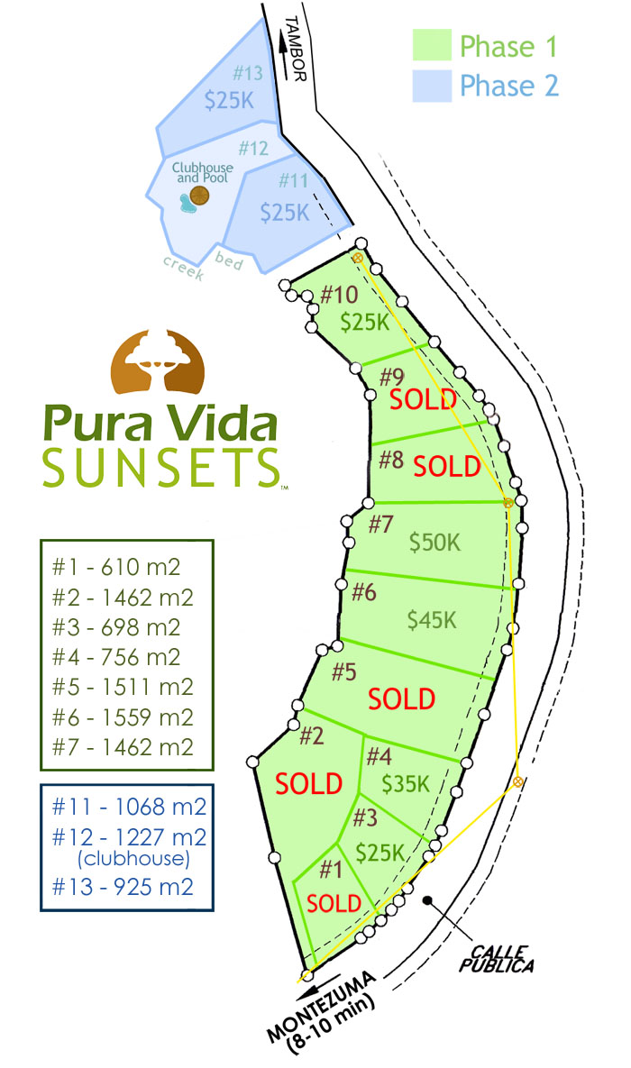 Map of the Southern Nicoya Peninsula, Costa Rica - with the location of Pura Vida Sunset